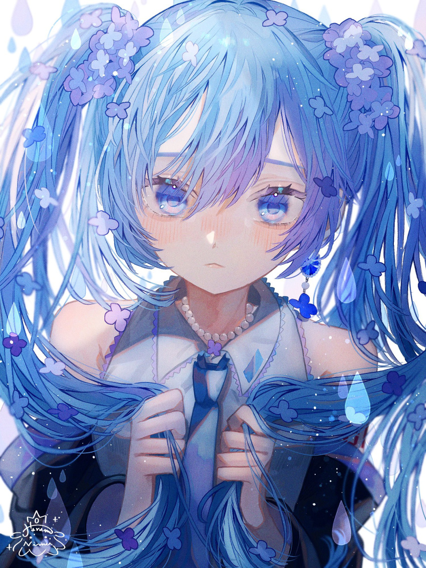 1girl, 39, :<, artist_logo, bangs, bare_shoulders, black_sleeves, blue_eyes, blue_necktie, blush, closed_mouth, commentary_request, detached_sleeves, earrings, eyebrows_behind_hair, flower, grey_shirt, hair_between_eyes, hair_flower, hair_ornament, hands_up, harumi_nimu, hatsune_miku, highres, holding, holding_hair, jewelry, light_particles, long_hair, looking_at_viewer, necklace, necktie, number_tattoo, pearl_necklace, shirt, sleeveless, sleeveless_shirt, solo, tattoo, twintails, upper_body, very_long_hair, vocaloid