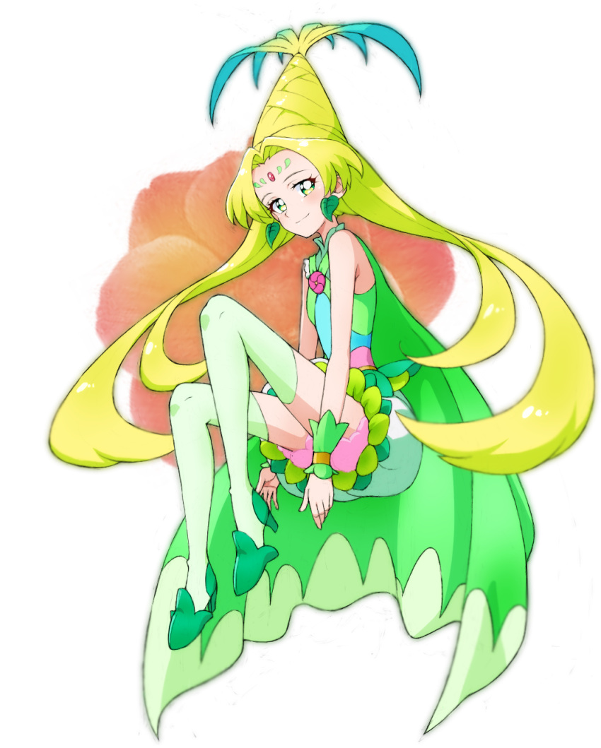 1girl, agnete_(precure), blonde_hair, boots, cape, closed_mouth, commentary, cure_oasis, dress, earrings, facial_mark, floating, forehead_mark, green_cape, green_dress, green_footwear, hair_intakes, high_heel_boots, high_heels, highres, jewelry, kayabakoro, leaf_earrings, long_hair, looking_at_viewer, magical_girl, pink_bloomers, precure, short_dress, sitting, sleeveless, sleeveless_dress, smile, solo, thigh_boots, tropical-rouge!_precure, very_long_hair, wristband, yellow_eyes