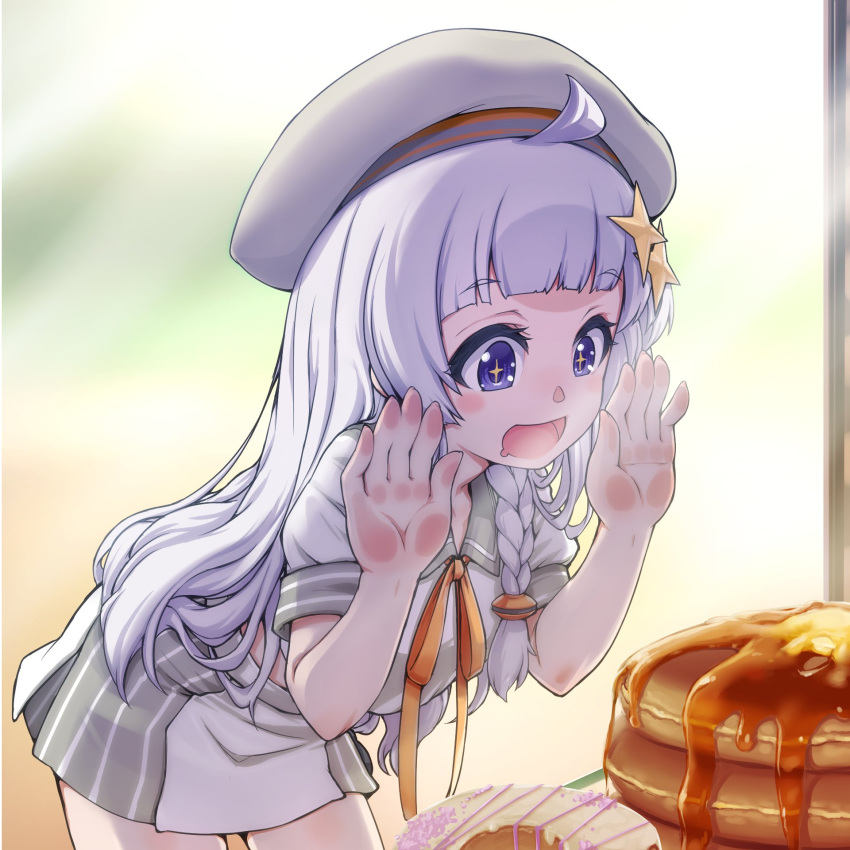 1girl, a.i._voice, against_glass, ahoge, bangs, blue_eyes, blunt_bangs, blurry