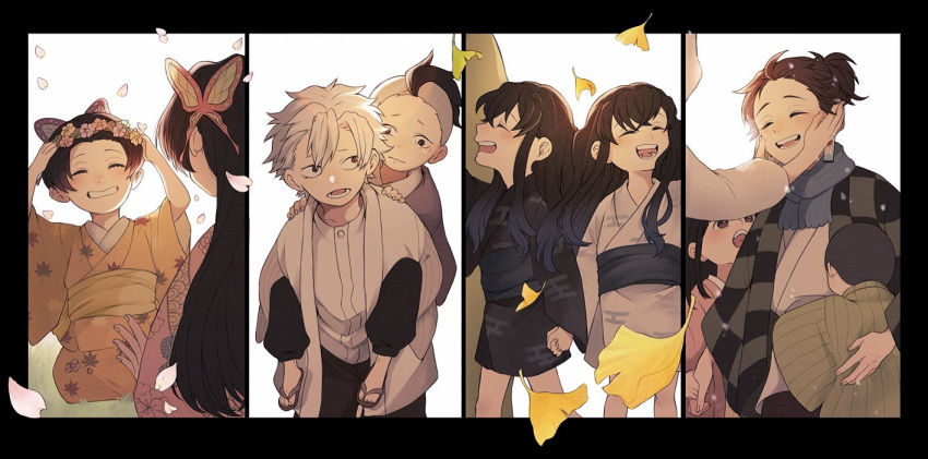 3girls, 6+boys, ^_^, bangs, black_hair, black_pants, blue_hair, blush