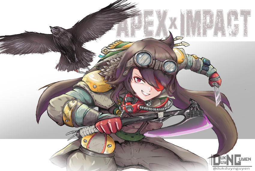 1girl, allegra_clark, apex_legends, armor, axe, beidou_(genshin_impact), bloodhound_(apex_legends), bloodhound_(apex_legends)_(cosplay), brown_hair, brown_jacket, brown_pants, cosplay, crown, floating_hair, genshin_impact, gloves, goggles, goggles_on_head, highres, holding, holding_axe, holding_knife, jacket, knee_pads, knife, leaning_forward, long_hair, pants, parted_lips, raven's_bite, red_gloves, shoulder_armor, smile, solo, twitter_username, uncleduk, voice_actor_connection