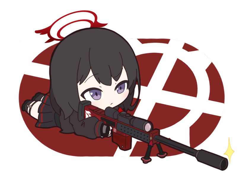 1girl, anzio_ironworks_20mm_rifle, bangs, black_footwear, black_gloves, black_hair, black_legwear, black_shirt