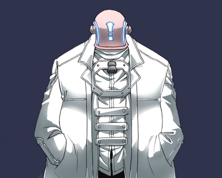 1boy, coat, commentary_request, facing_viewer, glowing, grey_background, hands_in_pockets, helm, helmet, jacket, long_sleeves, looking_at_viewer, made_in_abyss, open_clothes, open_coat, pink_headwear, signature, simple_background, solo, straight-on, tou0230208, whistle, whistle_around_neck, white_coat, white_jacket
