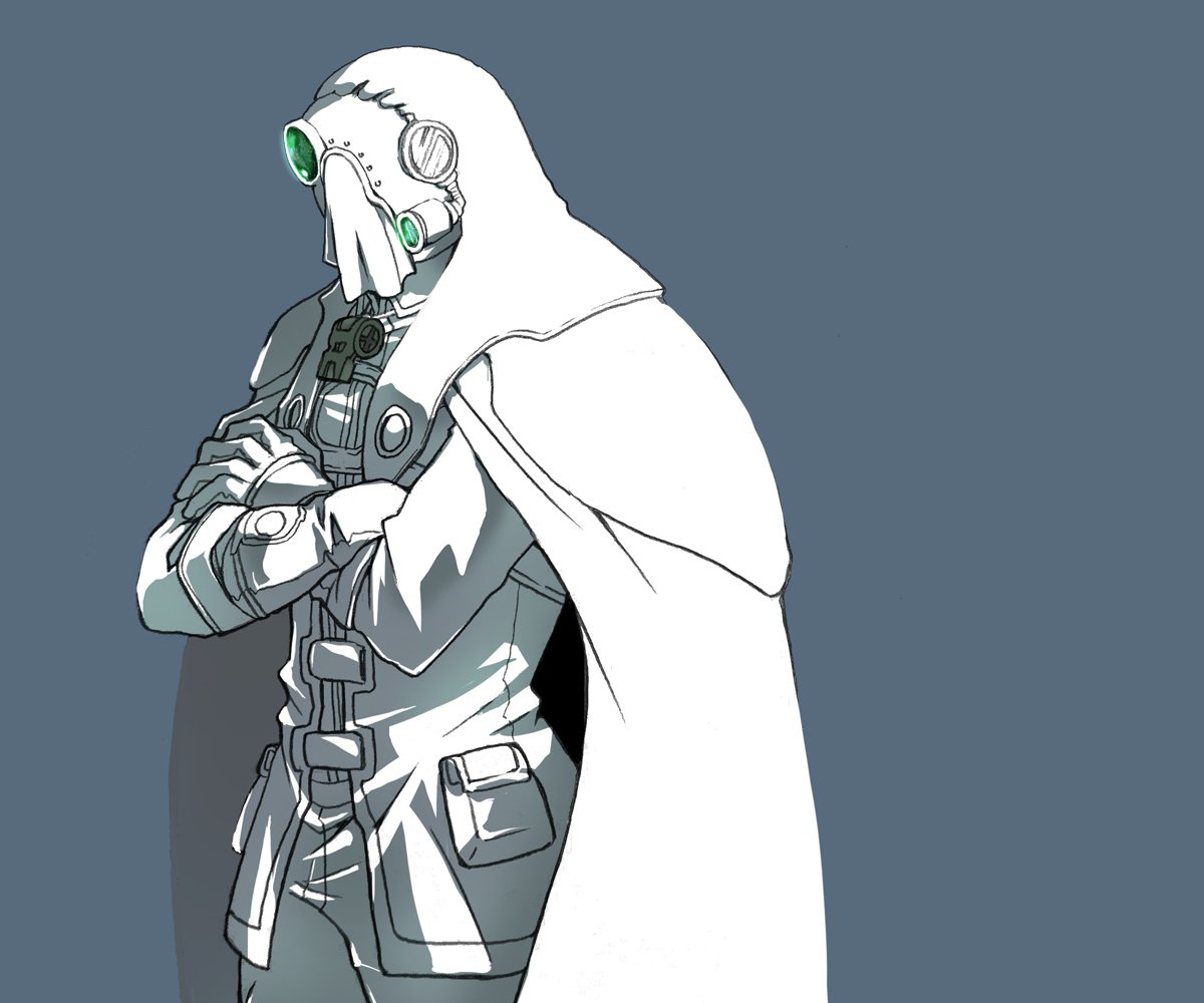 1boy, cape, commentary_request, covered_face, cowboy_shot, crossed_arms, gloves, grey_background, gyarike, headlamp, helm, helmet, jacket, long_sleeves, made_in_abyss, male_focus, pants, pouch, simple_background, solo, tou0230208, whistle, whistle_around_neck, white_cape, white_gloves, white_headwear, white_jacket, white_pants