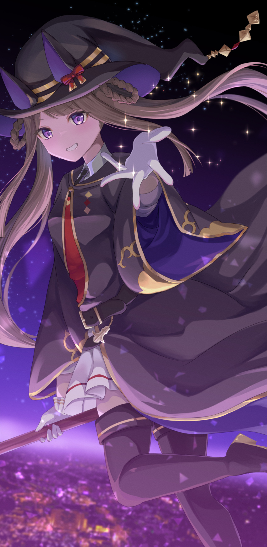 1girl, absurdres, akinonohara, animal_ears, boots, breasts, broom, broom_riding, city_lights, cityscape, commentary_request, gloves, hat, highres, horse_ears, horse_girl, leg_up, long_hair, looking_at_viewer, necktie, night, small_breasts, solo, sweep_tosho_(umamusume), thigh_boots, twintails, umamusume, violet_eyes, witch_hat