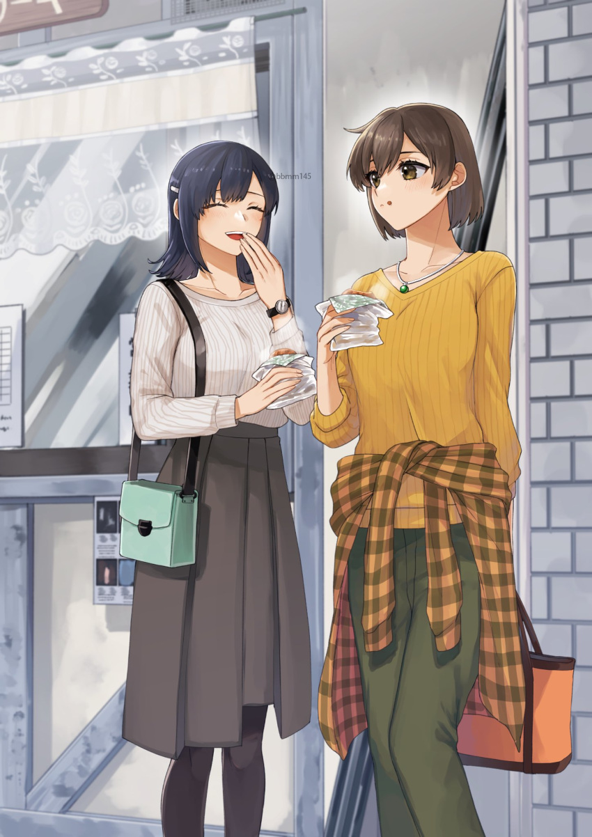 2girls, bag, bangs, black_legwear, blue_hair, blush, breasts, brown_eyes