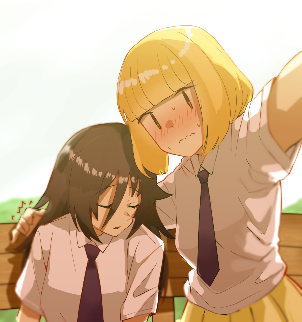 2girls, bangs, bench, black_hair, blonde_hair, blunt_bangs, blurry, blush