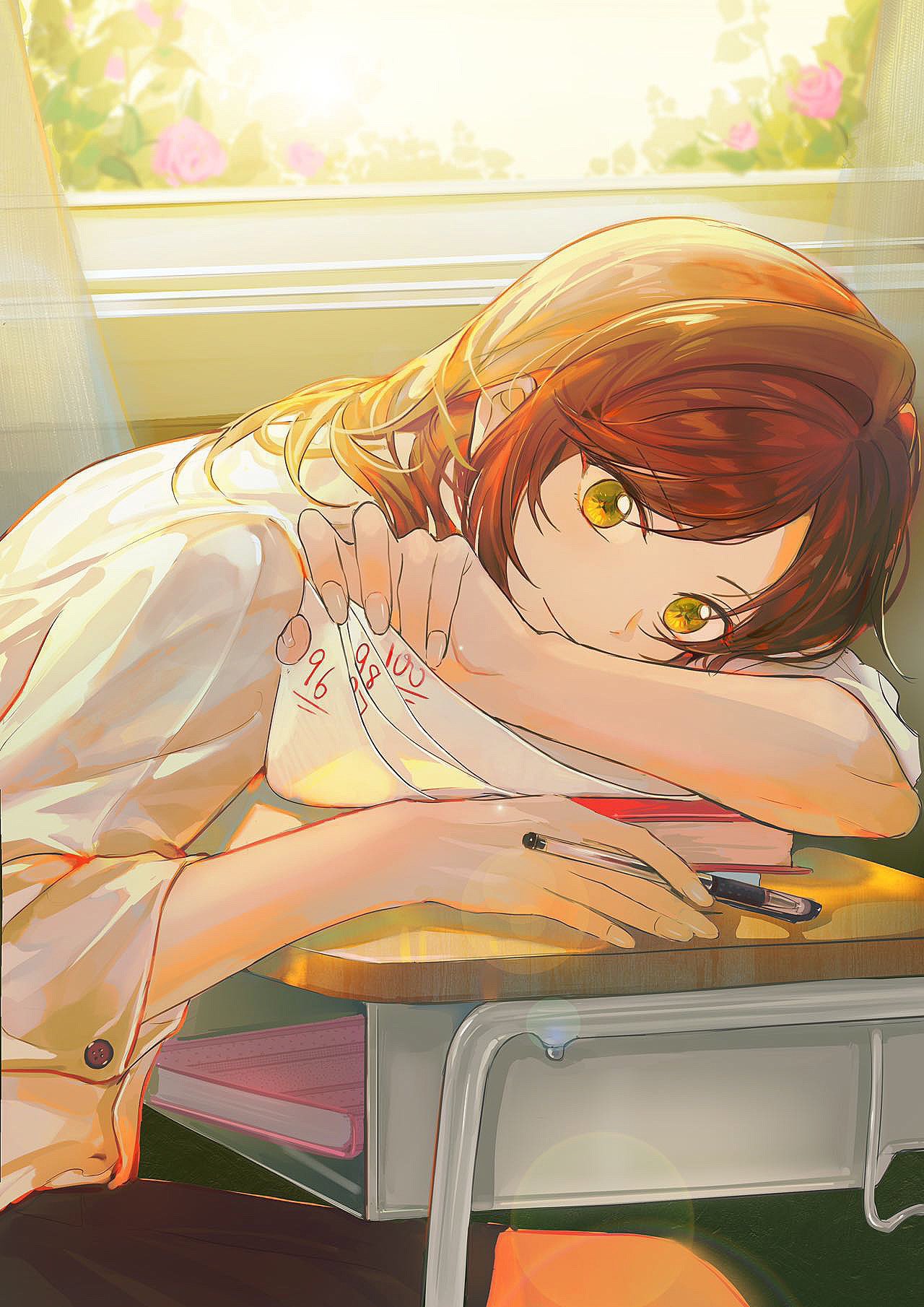 1girl, bangs, black_skirt, blouse, book, brown_hair, character_request, chinese_commentary