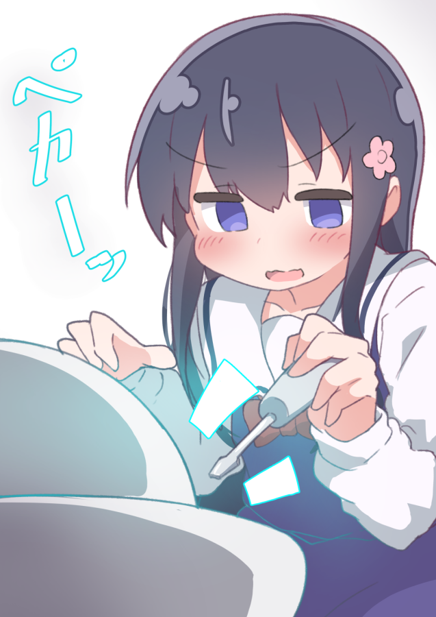 1girl, bangs, black_hair, blue_dress, blue_eyes, blush, bow, bowtie