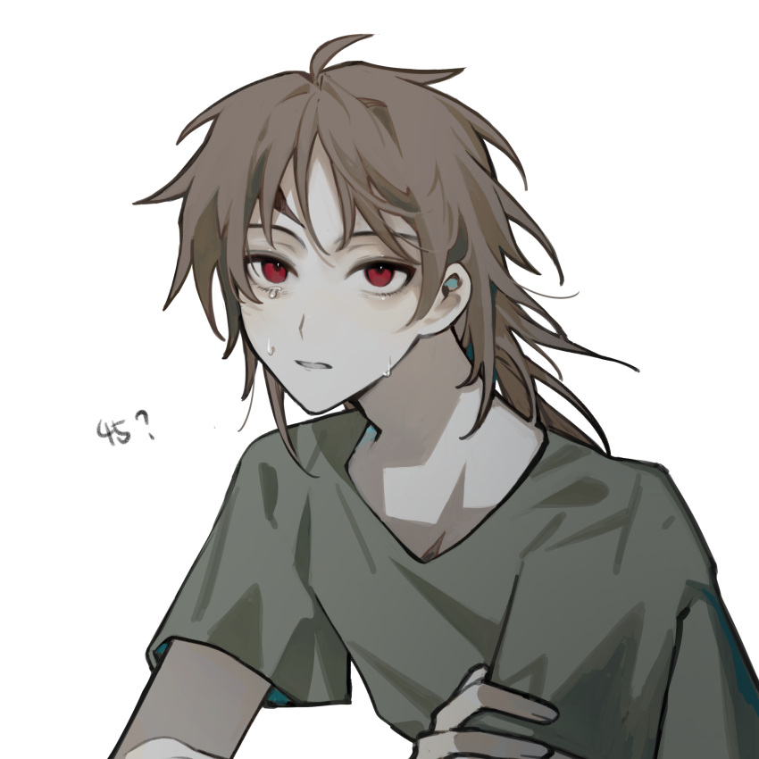 ahoge, brown_hair, chinese_commentary, commentary_request, eyebrows_behind_hair, green_shirt, harada_minoru, highres