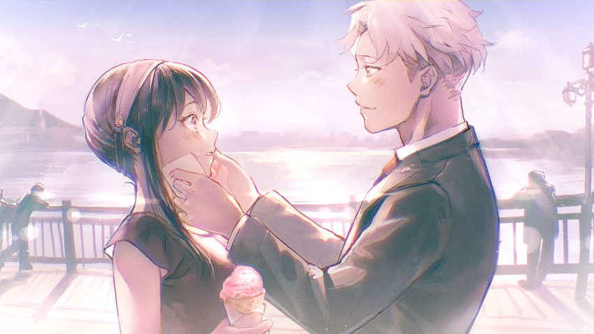 1boy, 1girl, blush, collared_shirt, food, from_side, gelato_(food), highres, holding, holding_food, husband_and_wife, jacket, long_hair, long_sleeves, looking_at_viewer, necktie, nyan5000, red_necktie, shirt, short_hair, short_sleeves, sidelocks, spy_x_family, twilight_(spy_x_family), upper_body, white_shirt, wiping_mouth, yor_briar