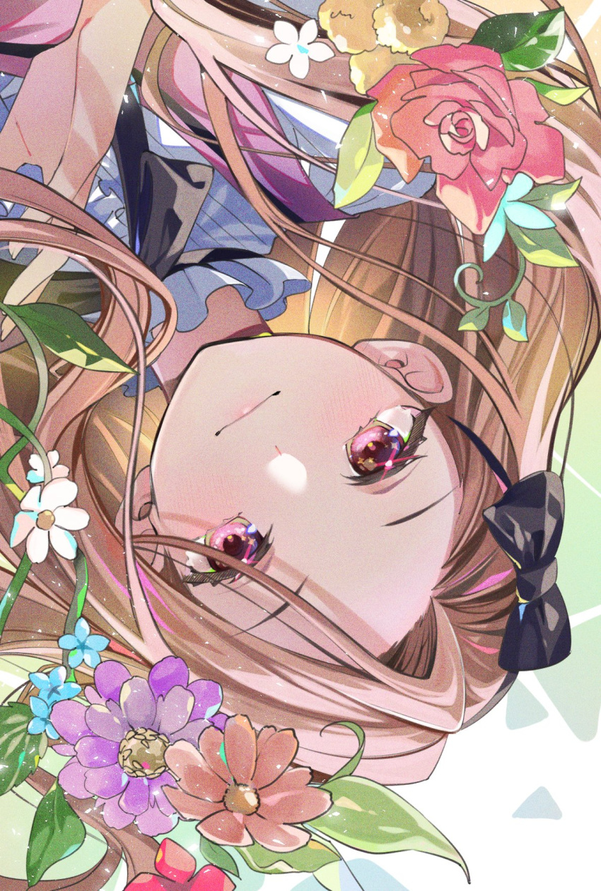 1girl, blush, bow, brown_hair, chun_xia, closed_mouth, commentary_request, flower