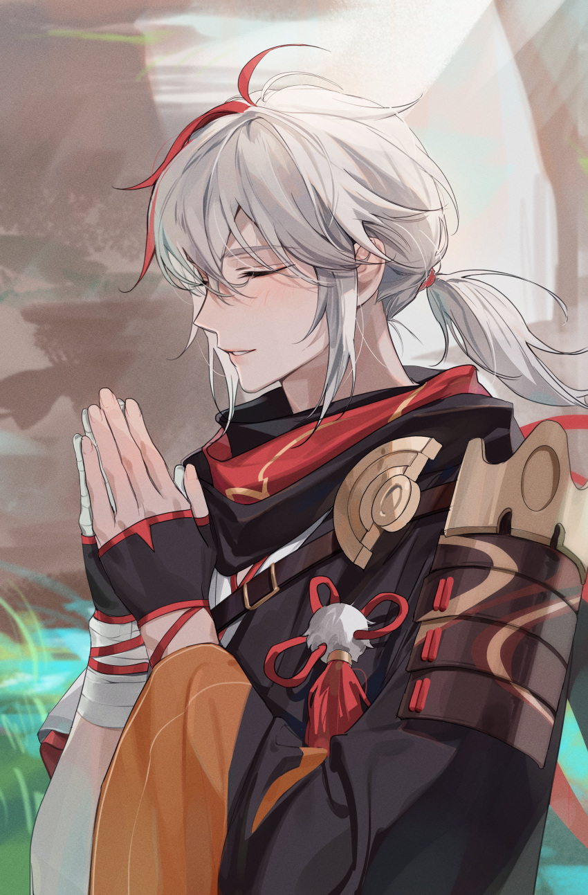 1boy, 41097772s, absurdres, armor, bandaged_hand, bandages, bangs, black_gloves
