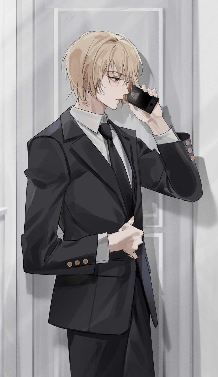 1boy, 41097772s, absurdres, bangs, black_jacket, black_necktie, black_pants, blonde_hair