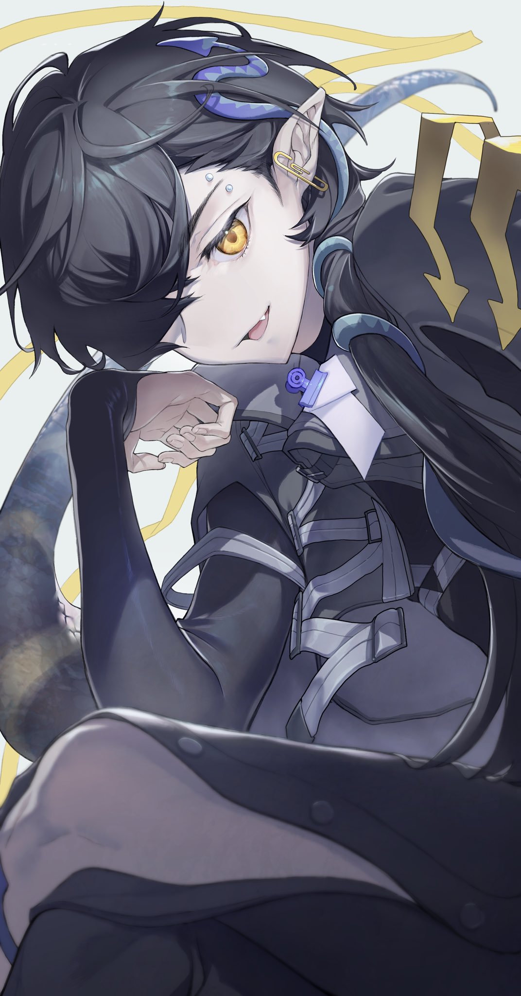 1boy, arknights, arrow_(symbol), bishounen, black_hair, black_shirt, corroserum_(arknights), cowboy_shot