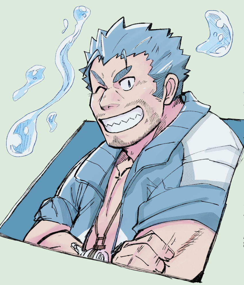 1boy, beard, blue_eyes, blue_hair, commentary_request, crossed_arms, facial_hair, fish_boy