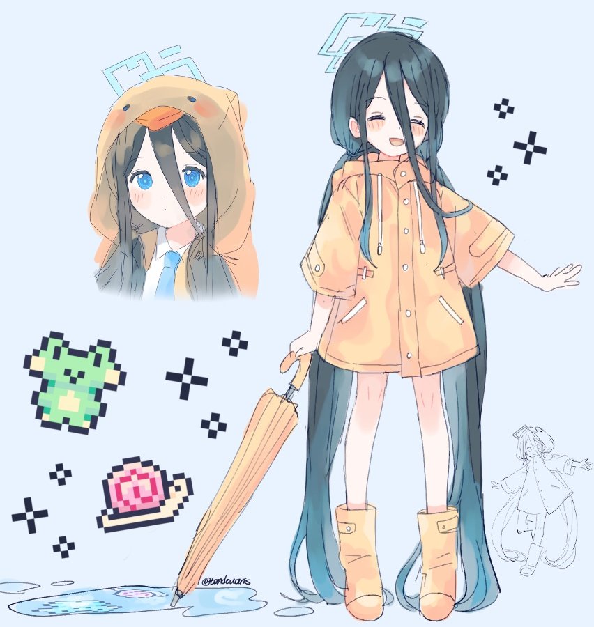 1girl, animal_hood, arisu_(blue_archive), bangs, black_hair, blue_archive, blue_background, blue_eyes