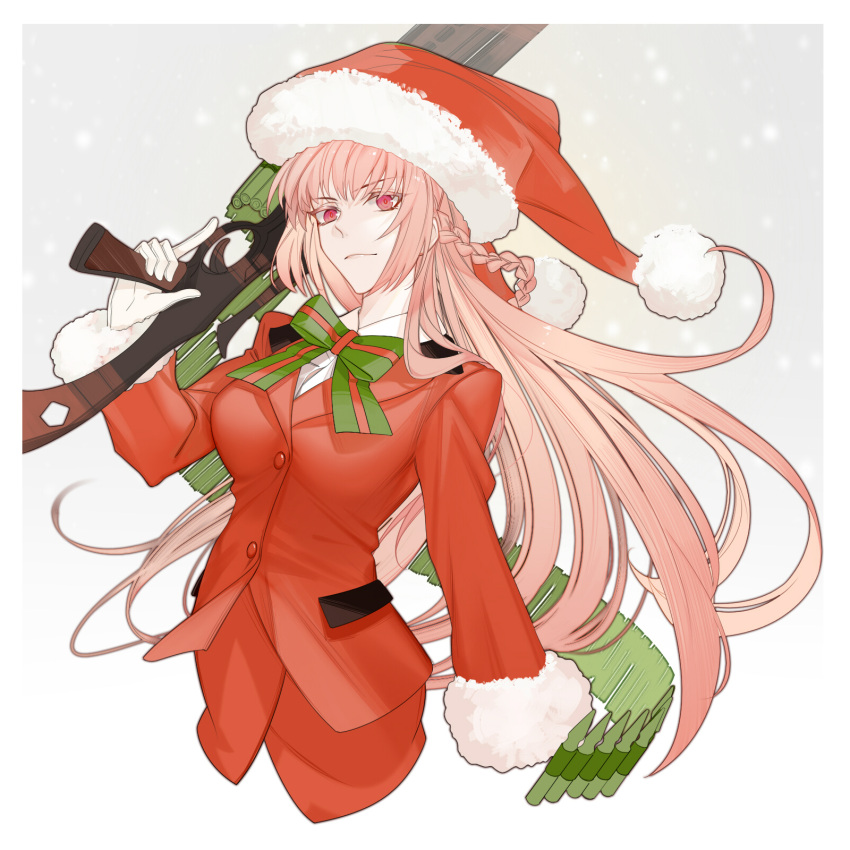 1girl, ammunition, arlizi, border, bow, bowtie, braid, collared_shirt