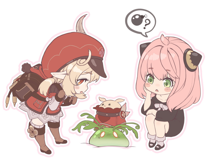 2girls, :o, ?, ahoge, anya_(spy_x_family), backpack, bag, bangs, black_dress, black_footwear, blonde_hair, bloomers, blush, bomb, boots, bow, brown_gloves, brown_hair, bun_cover, cabbie_hat, carrying, chibi, child, clenched_hands, coat, cone_hair_bun, doll, double_bun, dress, eyelashes, feathers, female_child, from_side, full_body, genshin_impact, gloves, green_eyes, hair_between_eyes, hair_bun, hair_ornament, hancho_xo, hand_on_own_chin, hand_on_own_face, hand_on_own_knee, hat, hat_feather, hat_ornament, headwear_request, highres, holding, holding_strap, hood, hooded_coat, hooded_jacket, jacket, jumpy_dumpty, klee_(genshin_impact), knee_boots, kneehighs, light_brown_hair, long_hair, looking_at_another, looking_back, low_twintails, mary_janes, medium_hair, multiple_girls, open_mouth, outline, pink_hair, pocket, pointy_ears, randoseru, red_coat, red_dress, red_eyes, red_headwear, red_jacket, ribbon, scared, scarf, shoes, short_dress, sidelocks, simple_background, skirt, slime_(genshin_impact), socks, spy_x_family, squatting, standing, stuffed_animal, stuffed_toy, thought_bubble, twintails, underwear, vision_(genshin_impact), white_background, white_feathers, white_footwear, white_legwear, white_ribbon, white_skirt
