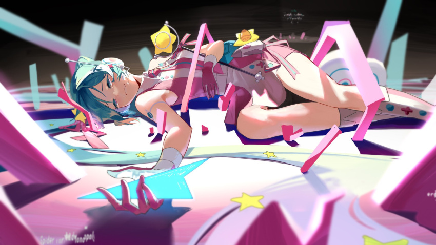 1girl, aqua_eyes, aqua_hair, chinese_commentary, commentary, dress, gloves, glowing