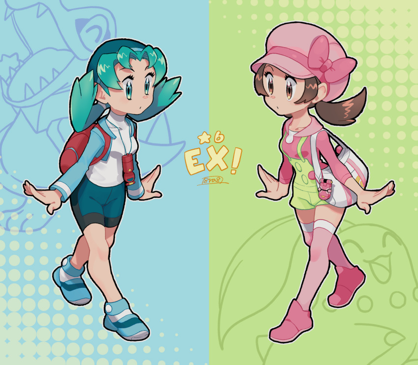 2girls, alternate_color, aqua_eyes, aqua_hair, backpack, bag, bangs, bike_shorts