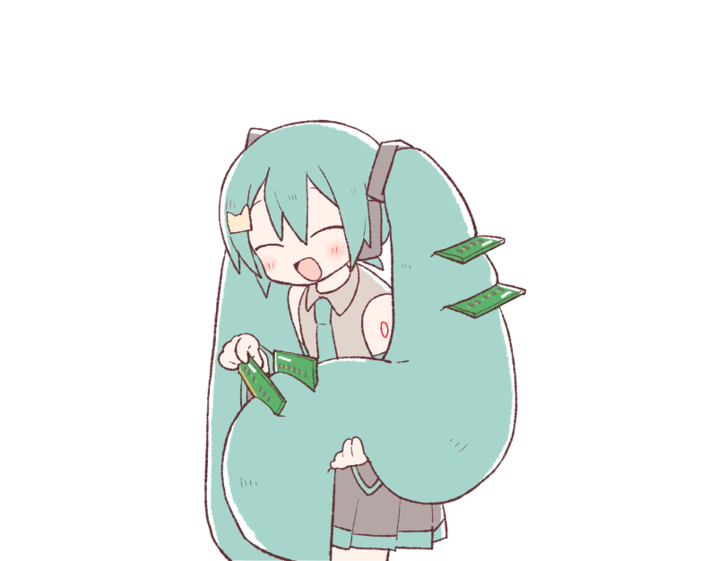 1girl, aqua_hair, aqua_necktie, bare_shoulders, black_skirt, black_sleeves, blush, chibi