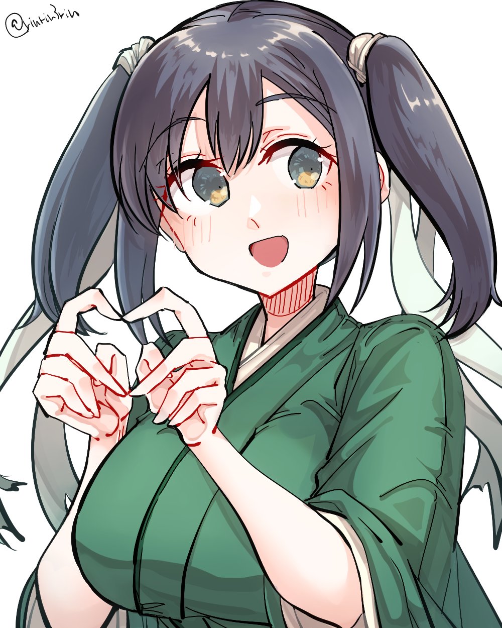 1girl, blue_hair, breasts, green_eyes, green_kimono, hair_ribbon, heart, heart_hands