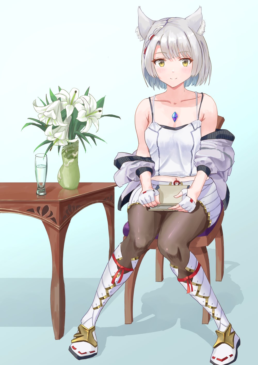 1girl, animal_ears, bangs, breasts, camisole, cat_ears, chair, chest_jewel, commentary, flower, highres, jacket, leggings, looking_at_viewer, mio_(xenoblade), pantyhose, pleated_skirt, sawayakakatsu, sawayakakatsud, short_hair, shoulder_strap, sitting, skirt, small_breasts, solo, tank_top, white_camisole, white_hair, white_jacket, white_skirt, white_tank_top, xenoblade_chronicles_(series), xenoblade_chronicles_3, yellow_eyes