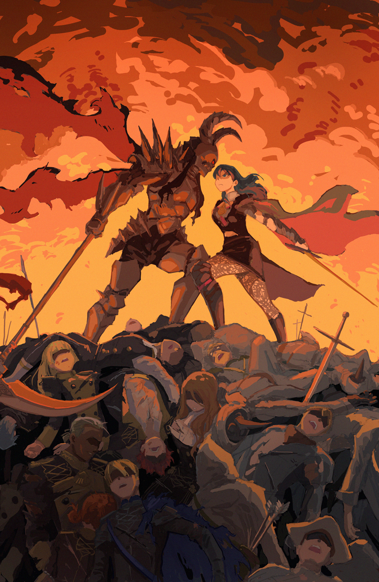 4girls, 5boys, annette_fantine_dominic, armor, black_skirt, blue_hair, byleth_(fire_emblem), byleth_eisner_(female)