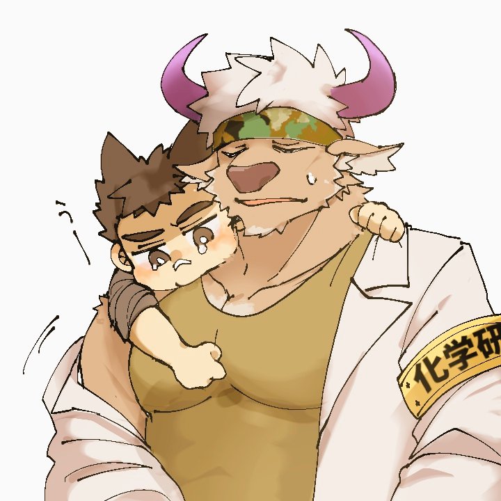 2boys, animal_ears, armband, brown_fur, camouflage, camouflage_headwear, closed_eyes, commentary_request