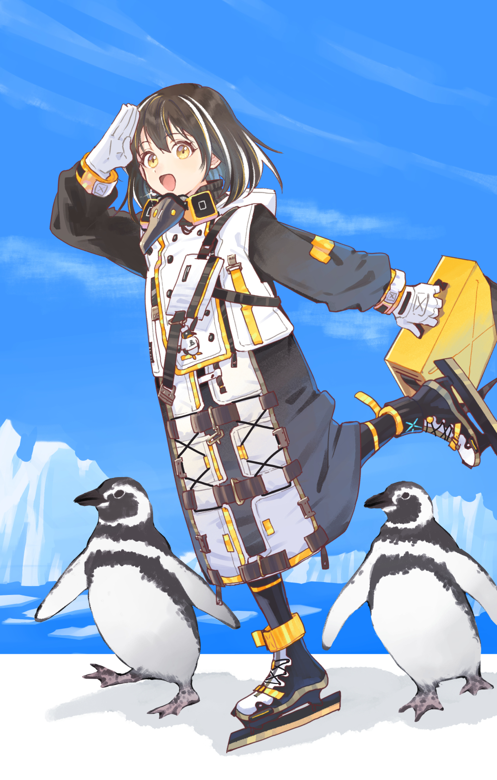 1girl, arknights, bird, brown_hair, coat, earrings, gloves, highres
