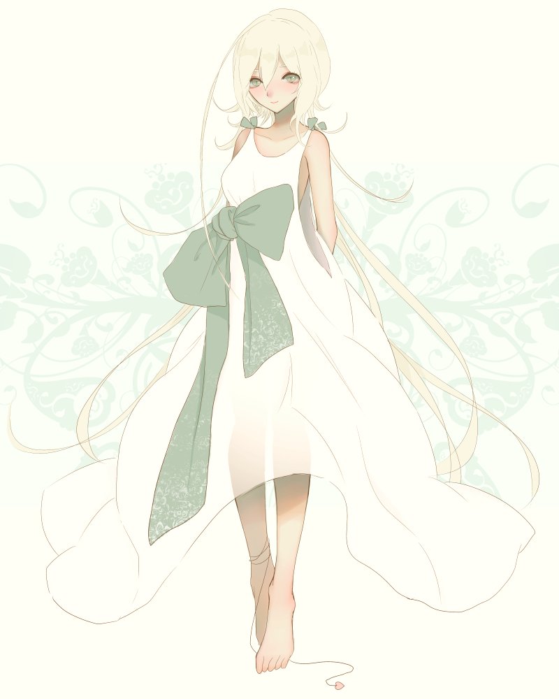 1girl, barefoot, bow, closed_eyes, closed_mouth, collarbone, dress, itsuki_dorothy