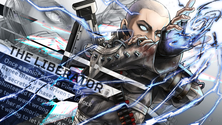 1girl, apex_legends, bald, bald_girl, black_gloves, blood, blood_on_clothes, blue_eyes