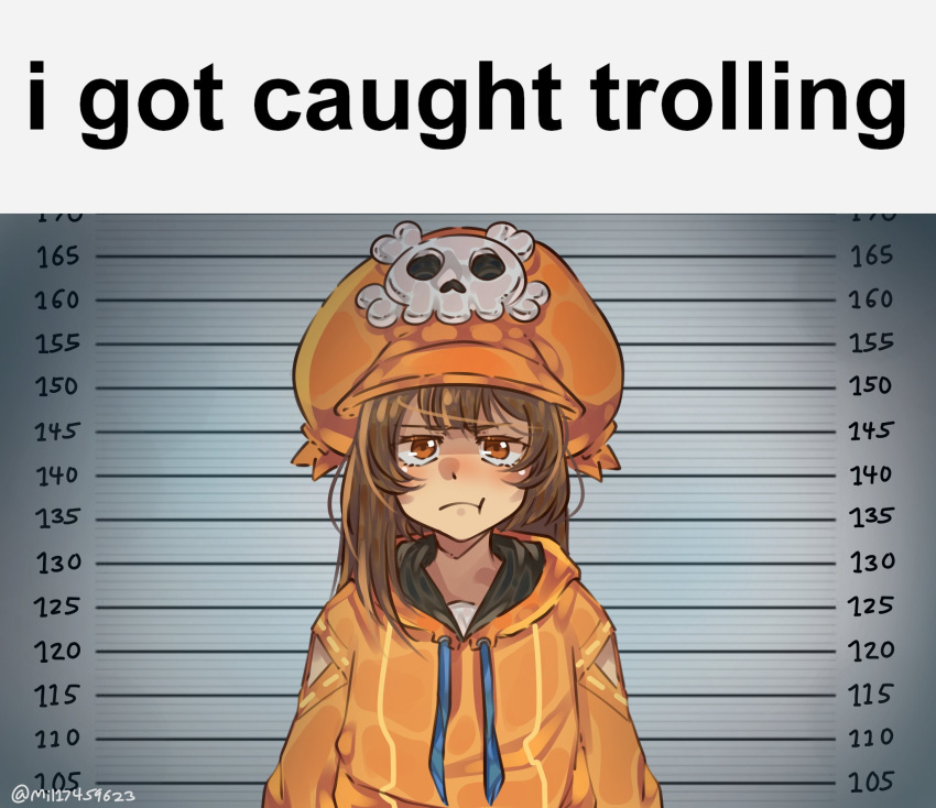 1girl, bangs, brown_hair, english_text, guilty_gear, guilty_gear_strive, highres, hood, hoodie, long_hair, looking_at_viewer, may_(guilty_gear), meme, mil17459623, mugshot, orange_eyes, orange_headwear, orange_hoodie, pout, skull_and_crossbones, solo, twitter_username