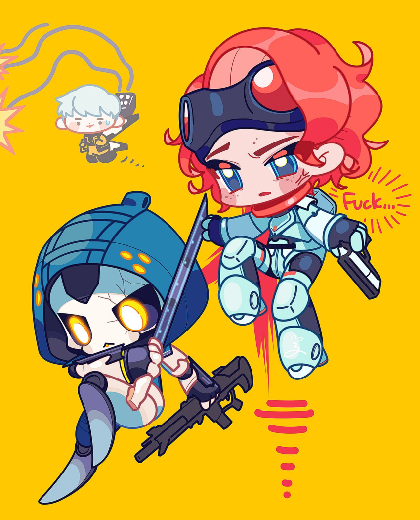 3girls, apex_legends, ash_(titanfall_2), assault_rifle, b3_wingman, black_sclera, blush, bodysuit