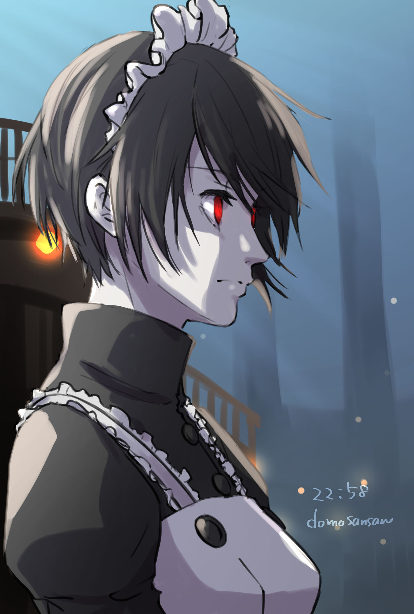 1girl, black_hair, commentary_request, dated, devil_summoner, domosansan, highres, juliet_sleeves, long_sleeves, maid, maid_headdress, mary_(soul_hackers), pale_skin, puffy_sleeves, red_eyes, shin_megami_tensei, short_hair, signature, solo, soul_hackers, very_short_hair