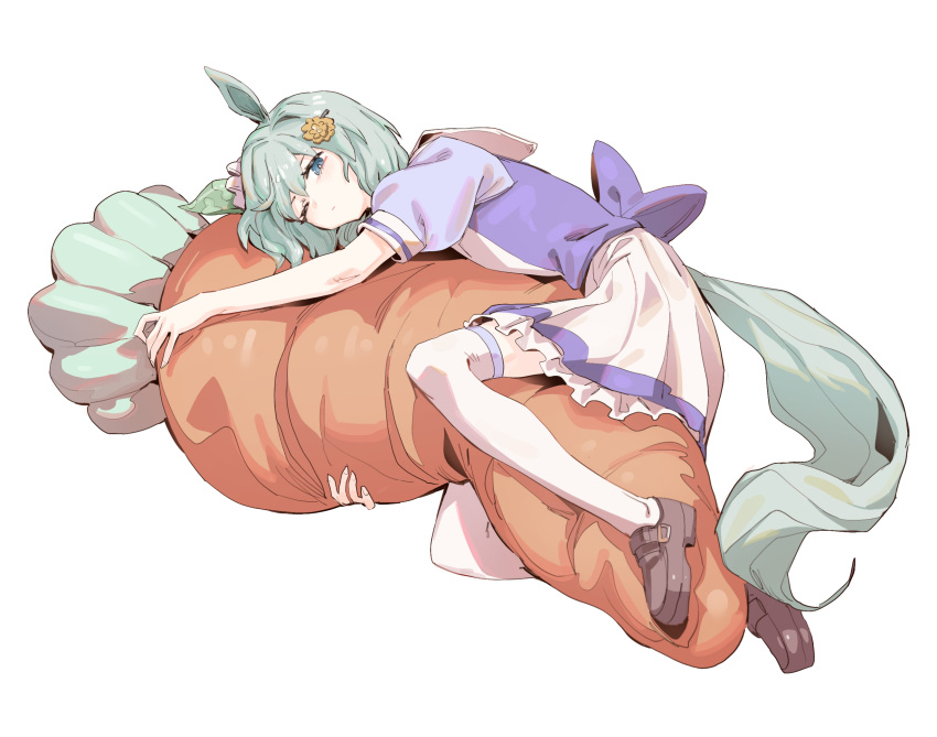 1girl, animal_ears, bangs, brown_footwear, carrot_pillow, closed_mouth, green_eyes, green_hair