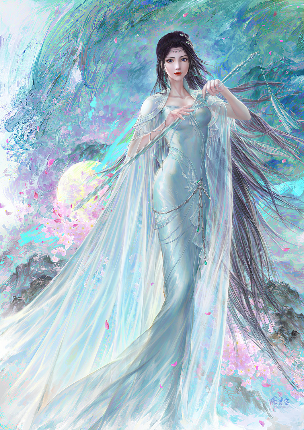 1girl, black_hair, blue_dress, bu_yan_kong, collared_cape, doupo_cangqiong, dress, falling_petals