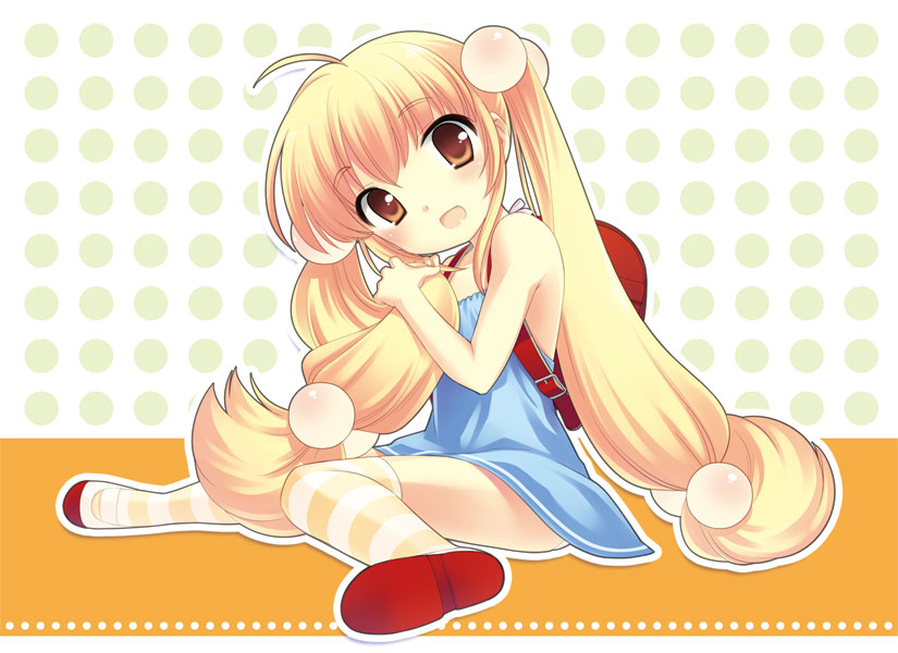 1girl, ahoge, backpack, bag, blonde_hair, blush, brown_eyes, child, dress, flat_chest, hair_bobbles, hair_ornament, kodomo_no_jikan, kokonoe_rin, long_hair, panties, randoseru, shoes, sitting, skirt, solo, striped, striped_legwear, thighhighs, twintails, ueda_yuu, uedama, uwabaki, very_long_hair, zettai_ryouiki