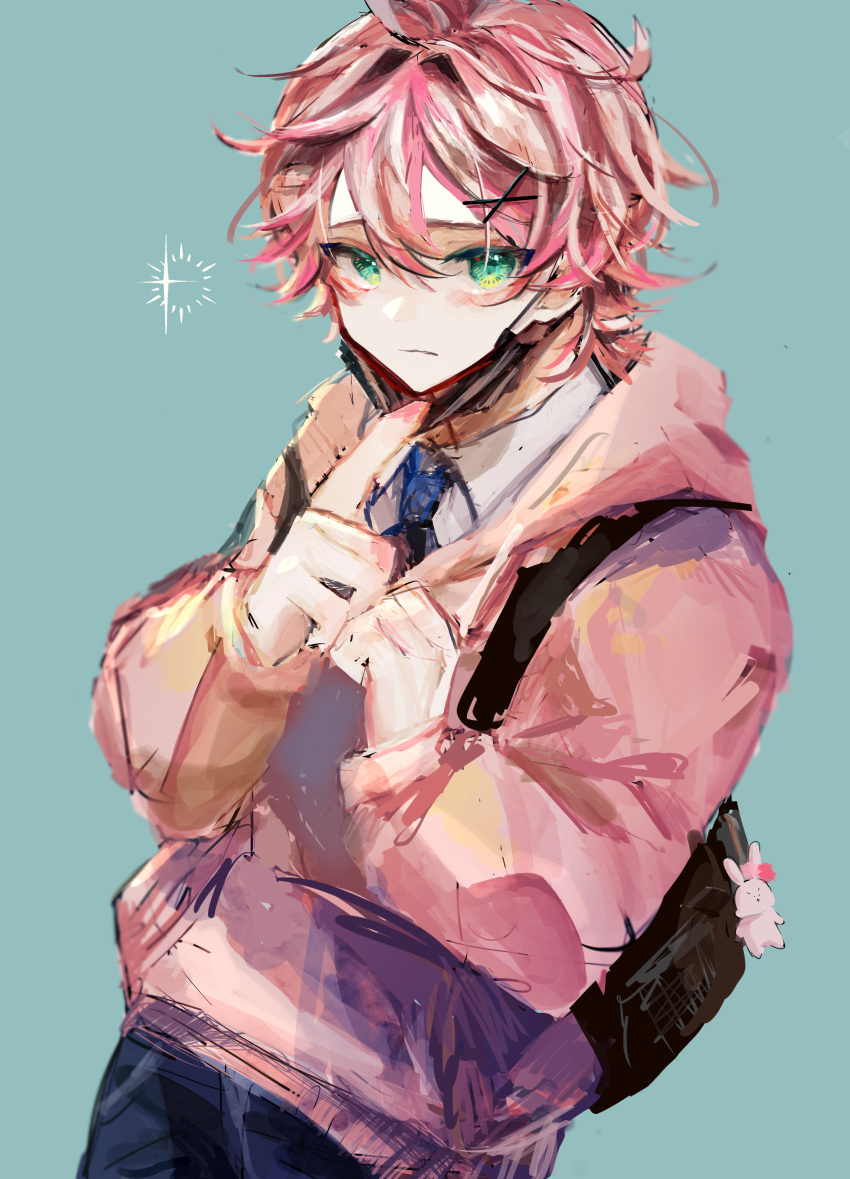 1boy, absurdres, backpack, bag, blue_background, blush, collared_shirt, green_eyes, highres, hood, hoodie, long_sleeves, looking_at_viewer, male_focus, necktie, original, pink_hair, shirt, short_hair, solo, u-sama_(u_summer0719), white_shirt