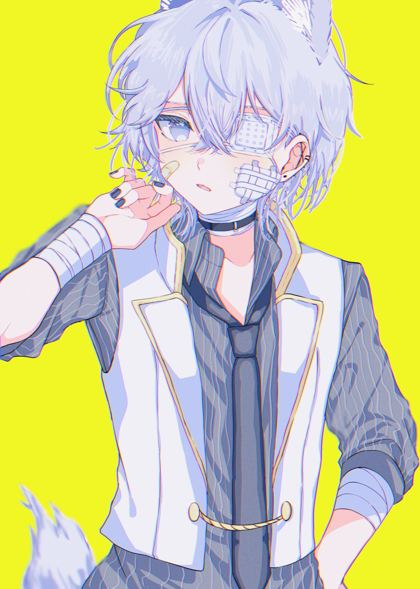 1boy, absurdres, animal_ears, bandages, bandaid, blue_eyes, choker, eyepatch