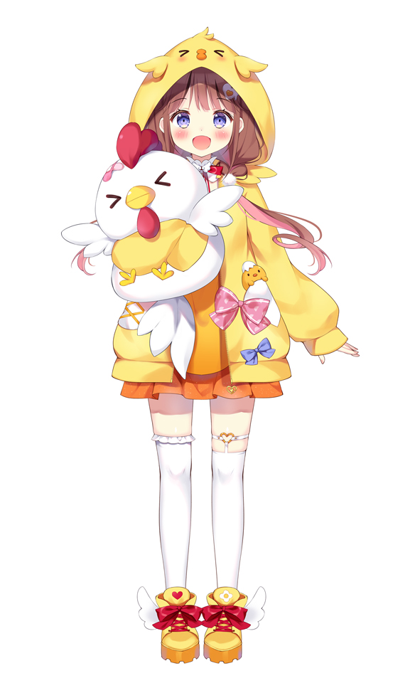 1girl, :d, animal_hood, bangs, bird_hood, blue_eyes, blush, brown_hair, commentary_request, dress, egg_hair_ornament, food-themed_hair_ornament, frilled_dress, frilled_legwear, frills, full_body, hair_ornament, hiyori_chihiyo, hood, hood_up, hooded_jacket, indie_virtual_youtuber, jacket, long_hair, long_sleeves, looking_at_viewer, low_twintails, multicolored_hair, object_hug, official_art, open_clothes, open_jacket, orange_dress, pan_(mimi), pink_hair, puffy_long_sleeves, puffy_sleeves, shoes, simple_background, sleeves_past_fingers, sleeves_past_wrists, smile, solo, standing, straight-on, stuffed_animal, stuffed_chicken, stuffed_toy, tachi-e, twintails, two-tone_hair, white_background, white_legwear, yellow_footwear, yellow_jacket