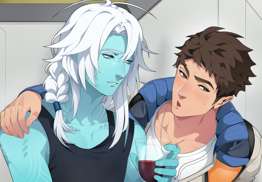 700hash, alien, arm_around_shoulder, brahve_(the_symbiant), colored_skin, cup, danya_(the_symbiant), drinking_glass