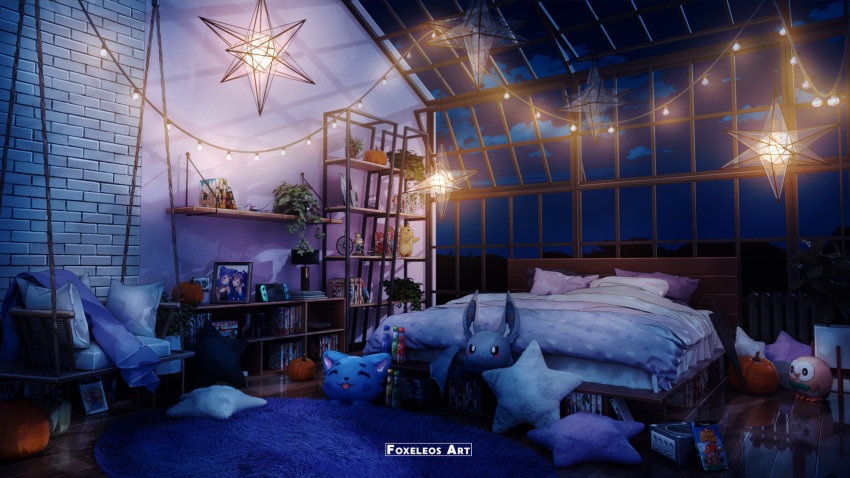 =_=, animal_crossing, bed, blanket, blender_(medium), carpet, character_request, clouds