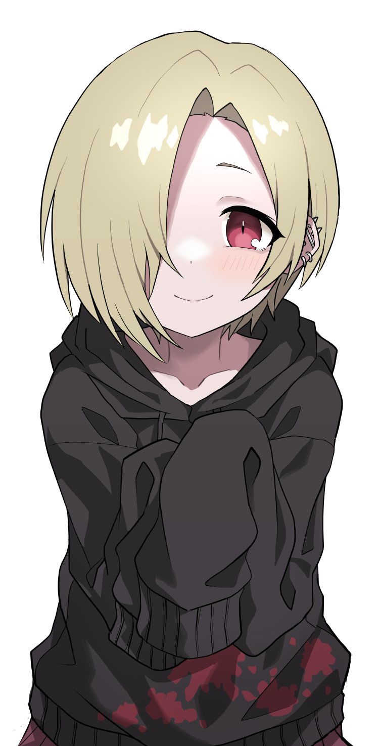 1girl, black_shirt, blonde_hair, blush, collarbone, ear_piercing, earrings, hair_over_one_eye