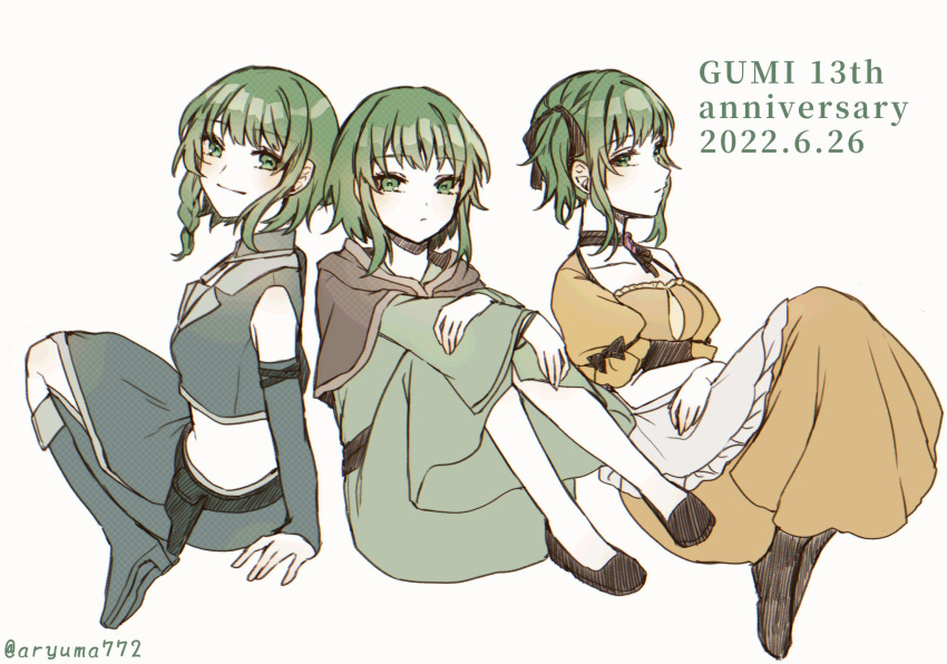 3girls, anniversary, apron, aryuma772, black_choker, boots, braid, breasts