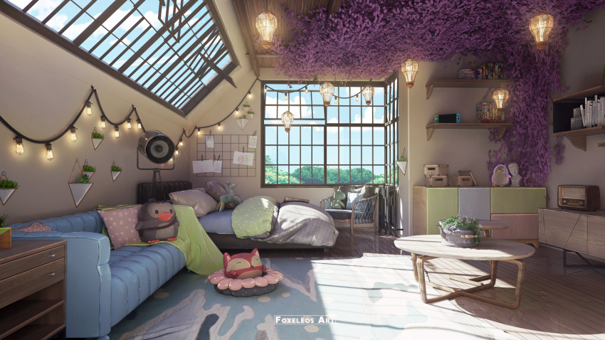absurdres, bed, blanket, blender_(medium), blue_sky, box, carpet, chair