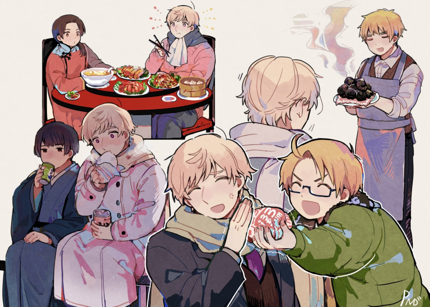 5boys, ahoge, alternate_costume, america_(hetalia), anger_vein, apron, axis_powers_hetalia, bad_food