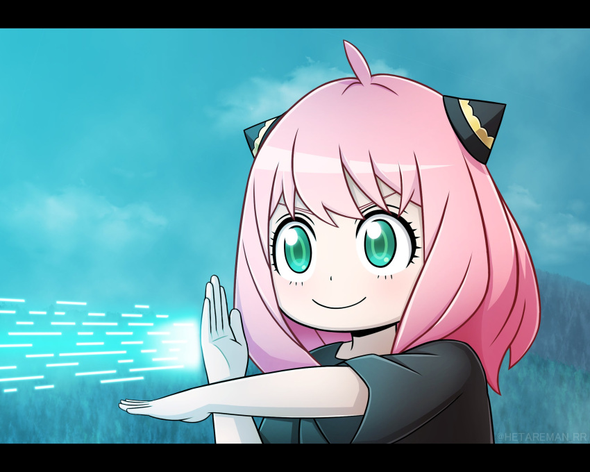 1girl, ahoge, anya_(spy_x_family), black_shirt, blue_sky, commentary_request, cone_hair_bun, finishing_move, hair_bun, hetareman, highres, laser, parody, pink_hair, pose, shin_ultraman, shirt, sky, smile, solo, spy_x_family, ultra_beam, ultra_series, ultraman_(1st_series)