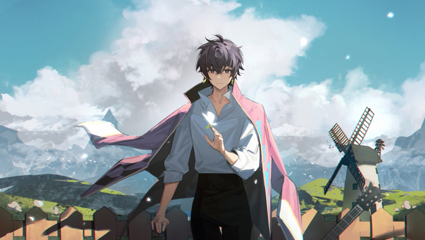 1boy, argyle, argyle_coat, black_pants, bug, butterfly, clouds, cloudy_sky